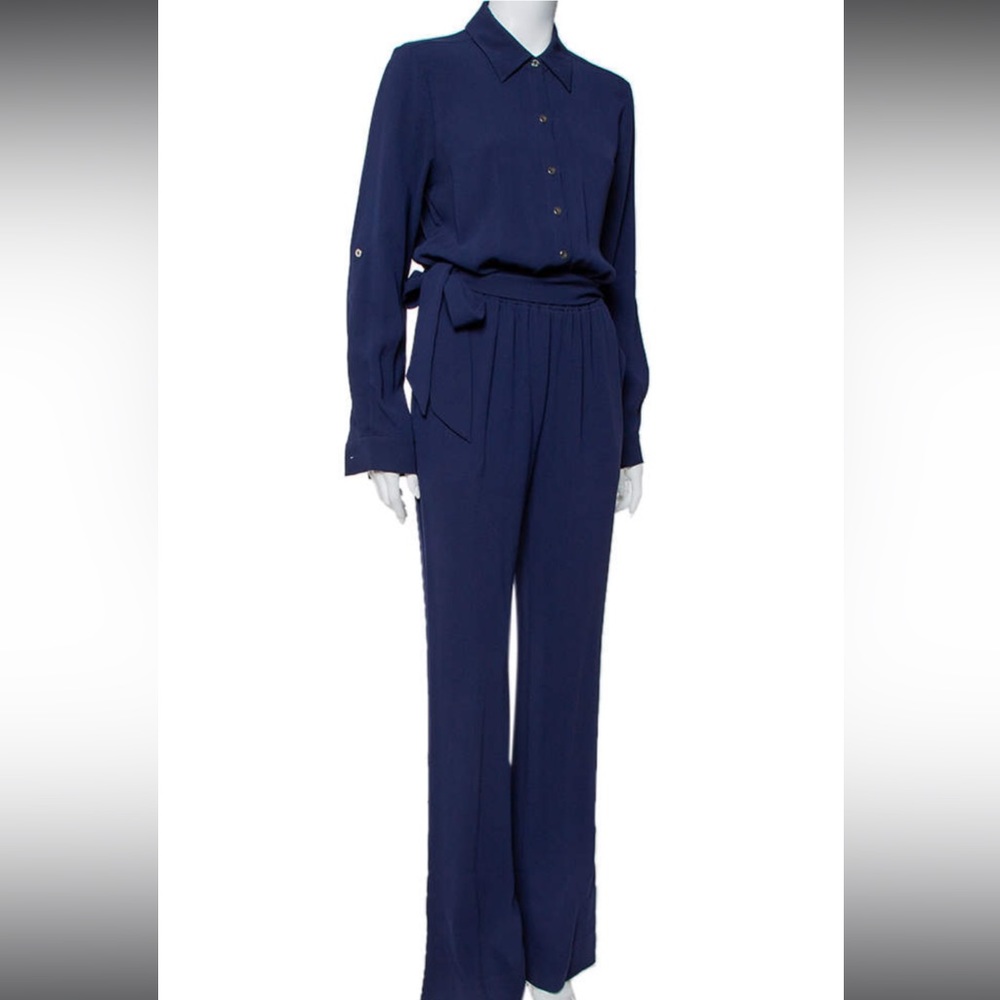 Diane Von Furstenberg Navy Blue Crepe Belted Lori Jumpsuit - Picture 4 of 6
